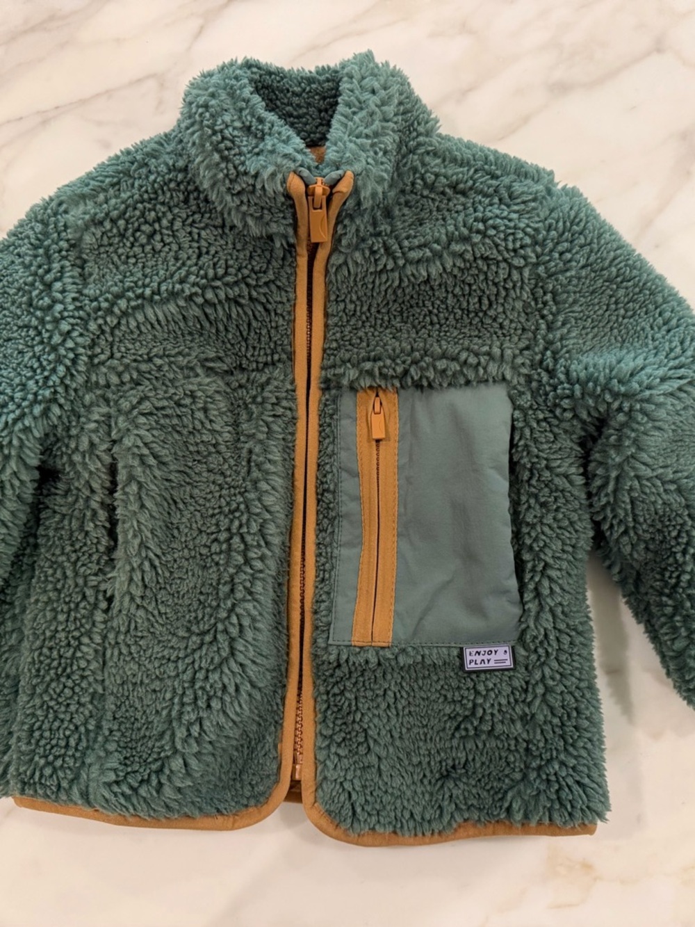 Zara Kids Plush Teddy Puffer Jacket - Teal with Tan Trim